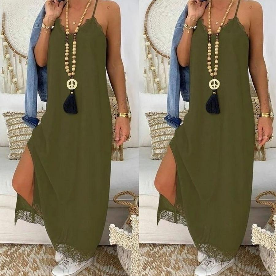 Haki Dantel Detay Viskon Elbise 3798