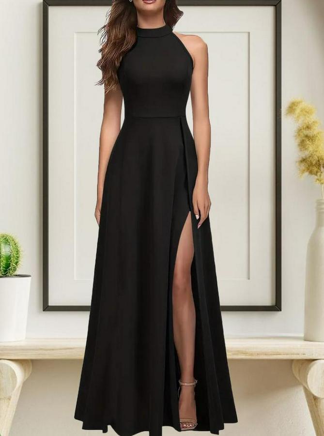 Halter Yaka Derin Yırtmaç Detaylı Tam Boy Ithal Krep Abiye Elbise