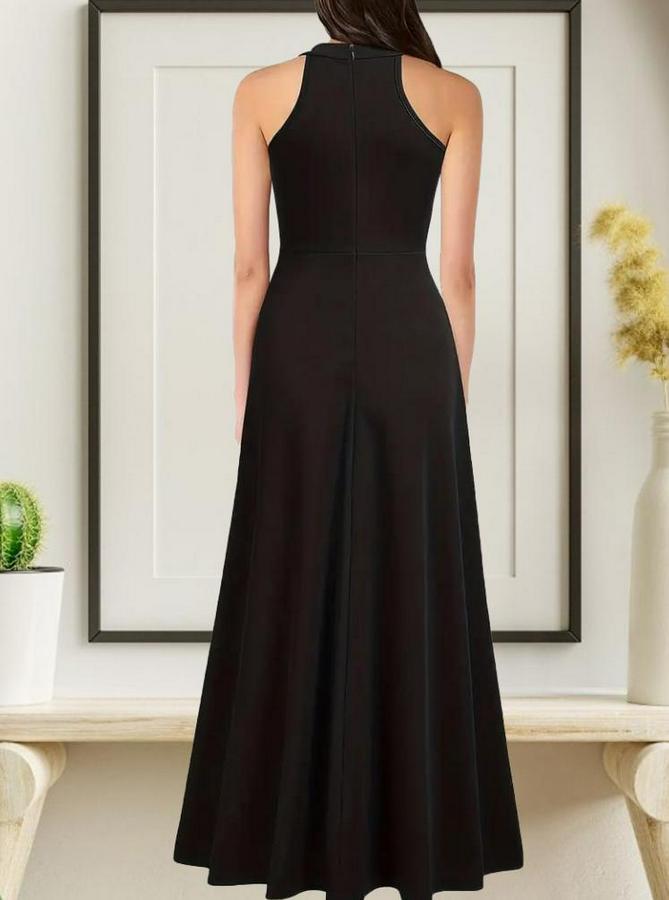 Halter Yaka Derin Yırtmaç Detaylı Tam Boy Ithal Krep Abiye Elbise