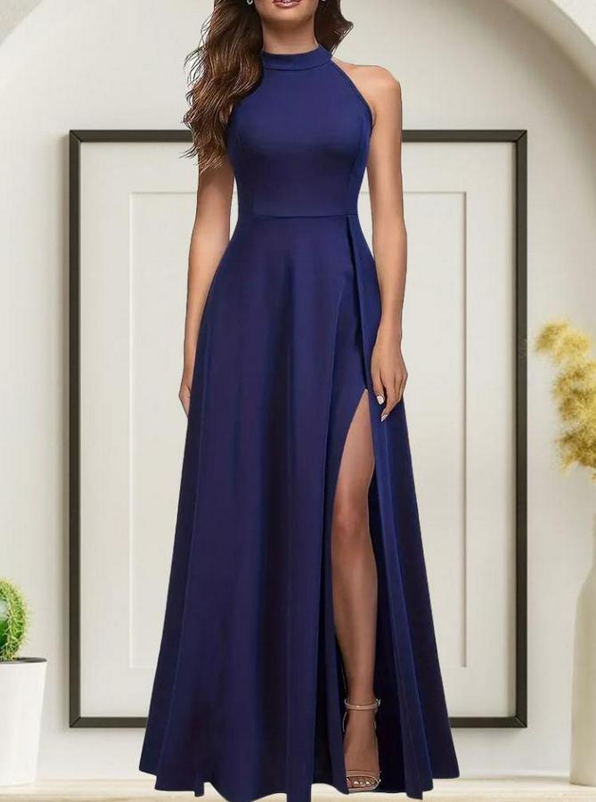 Halter Yaka Derin Yırtmaç Detaylı Tam Boy Janjan Krep Abiye Elbise