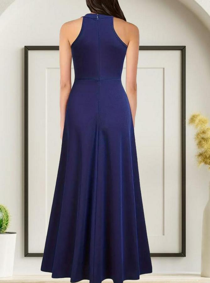 Halter Yaka Derin Yırtmaç Detaylı Tam Boy Janjan Krep Abiye Elbise