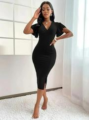 Kısa Kollu Derin Dekolte V Yakalı Yırtmaçlı Midi Janjan Krep Elbise