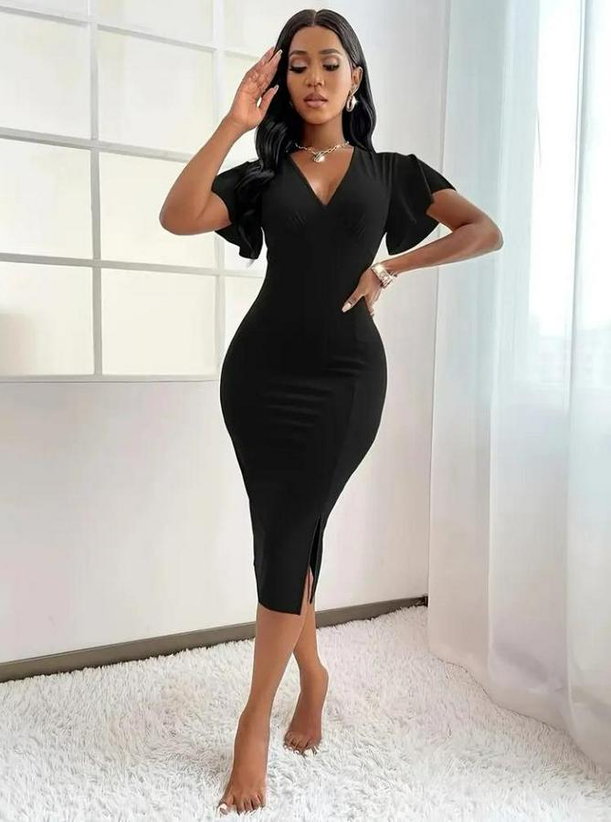 Kısa Kollu Derin Dekolte V Yakalı Yırtmaçlı Midi Janjan Krep Elbise