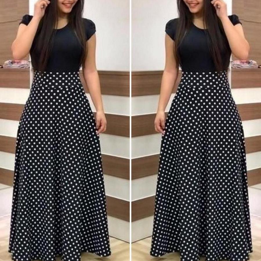 Kısa Kollu Puan Desen Tam Boy Krep Elbise