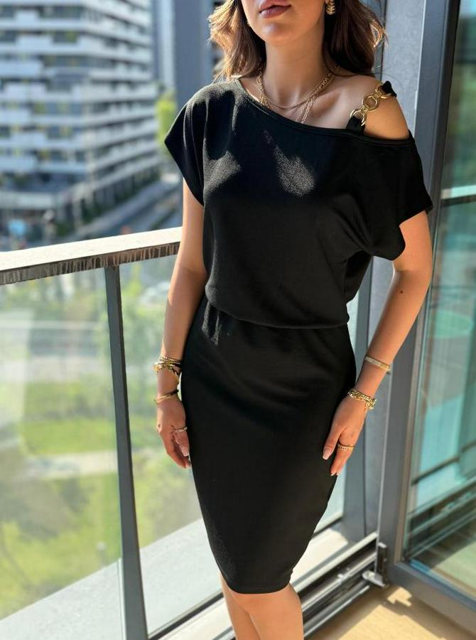 Kısa Kollu Tek Omuz Askı Ve Aksesuar Detay Beli Lastikli Krep Elbise