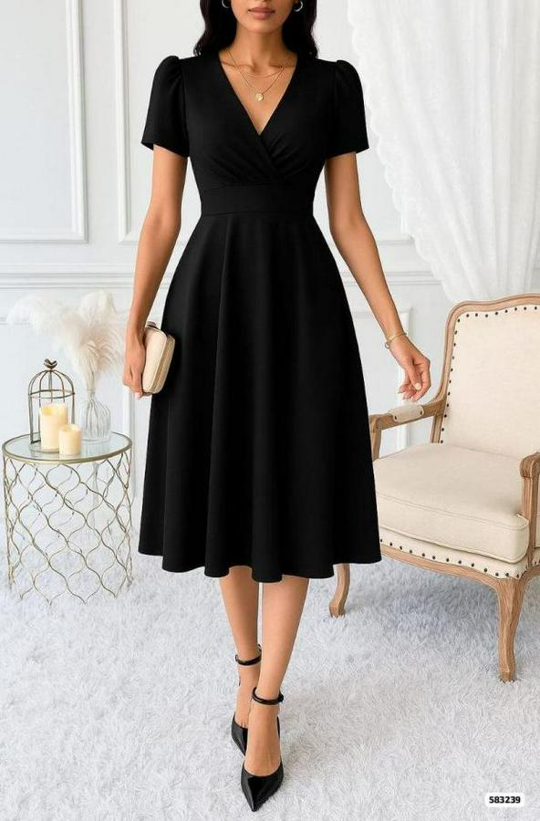 Kruvaze Yaka Kısa Kollu Midi Boy Krep Kumaş Elbise