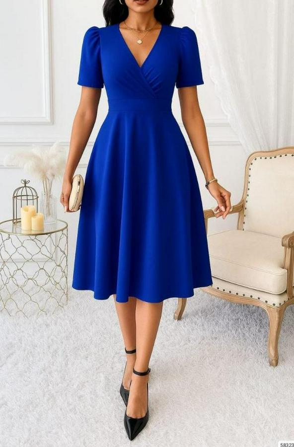 Kruvaze Yaka Kısa Kollu Midi Boy Krep Kumaş Elbise