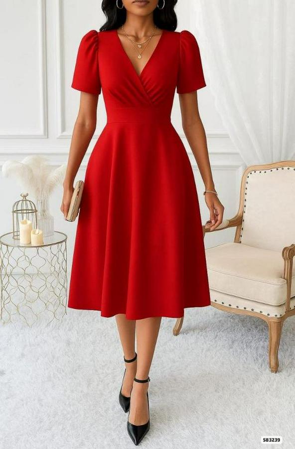 Kruvaze Yaka Kısa Kollu Midi Boy Krep Kumaş Elbise