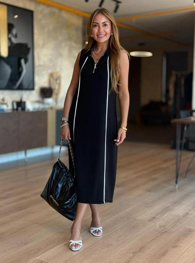 Modal Kumaş Şerit Detaylı Fermuarlı Midi Elbise