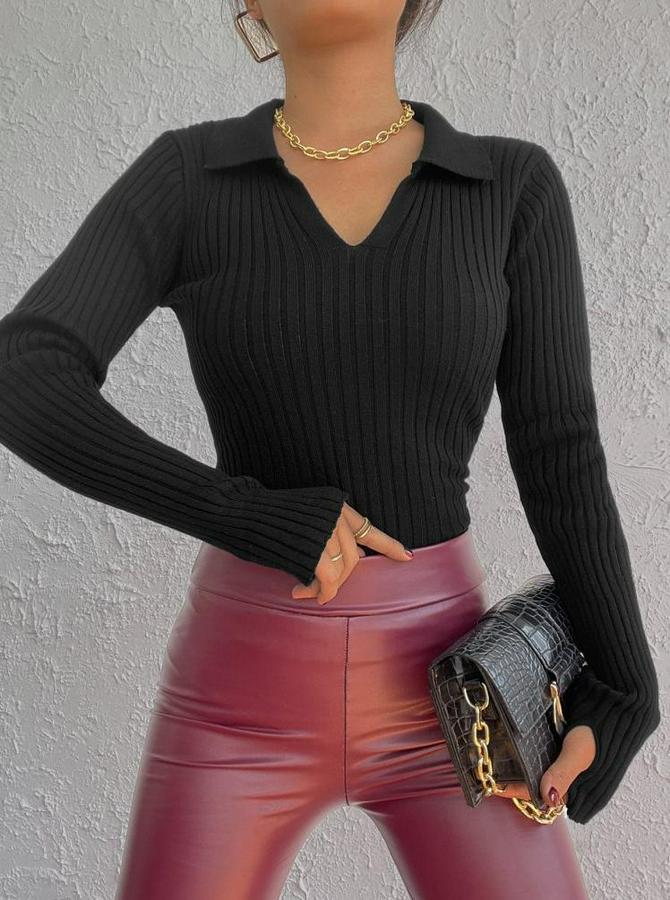 Siyah Polo Yaka Parmak Detay Triko Bluz 2047