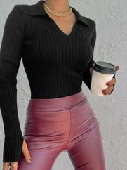 Siyah Polo Yaka Parmak Detay Triko Bluz 2047