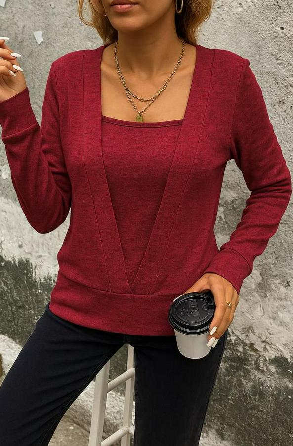 Uzun Kollu Kruvaze Yaka Kol Ve Etek Ucu Manşet Detay Yumoş Bluz