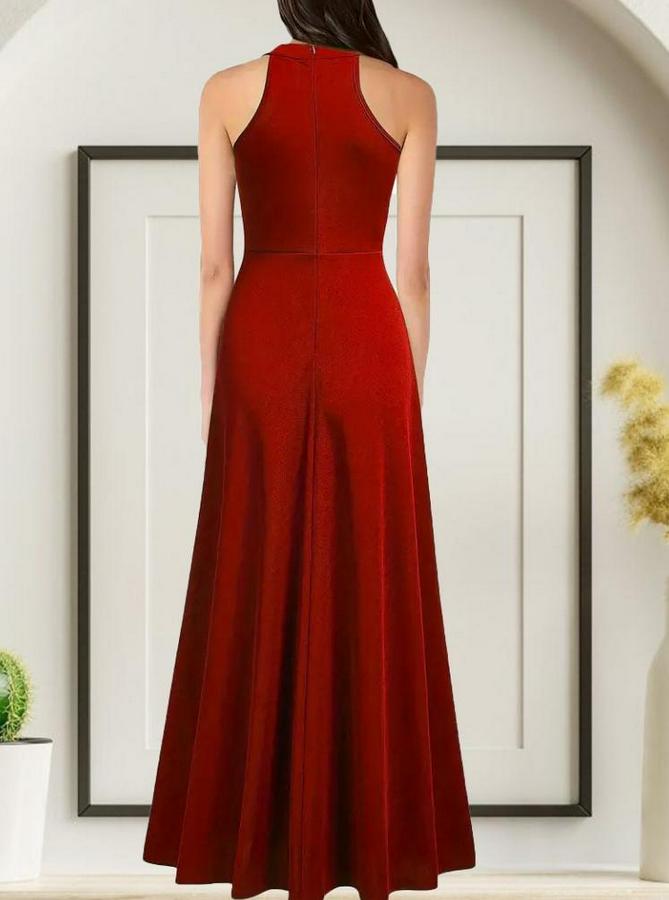 Kadınhalter Yaka Derin Yırtmaç Detaylı Tam Boy Ithal Krep Abiye Elbise