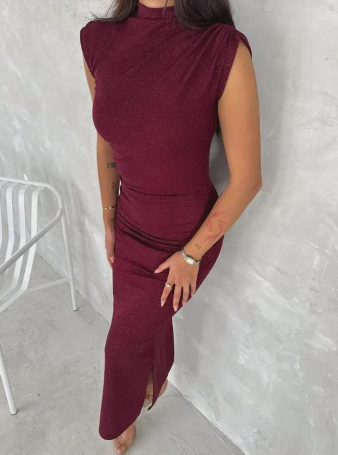 Likralı Simli Kumaş Yandan Yırtmaçlı Uzun Elbise Şık Kolsuz Abiye