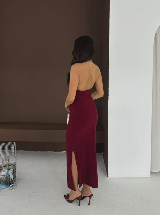 Uzun Abiye Elbise Yırtmaçlı Sırt Dekolteli Şık Gece Elbisesi