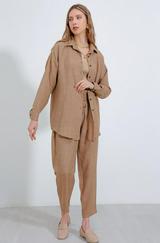 Camel Oversize Keten Alt Üst Takım 6622