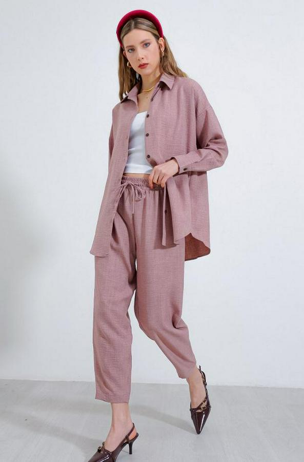 Gül Kurusu Oversize Keten Alt Üst Takım 6622