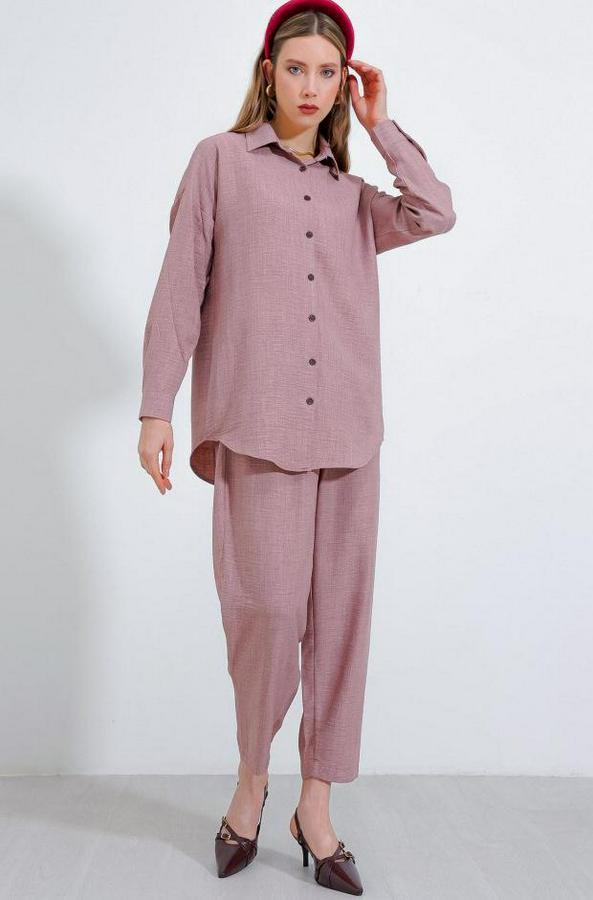 Gül Kurusu Oversize Keten Alt Üst Takım 6622