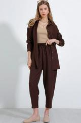 Kahverengi Oversize Keten Alt Üst Takım 6622