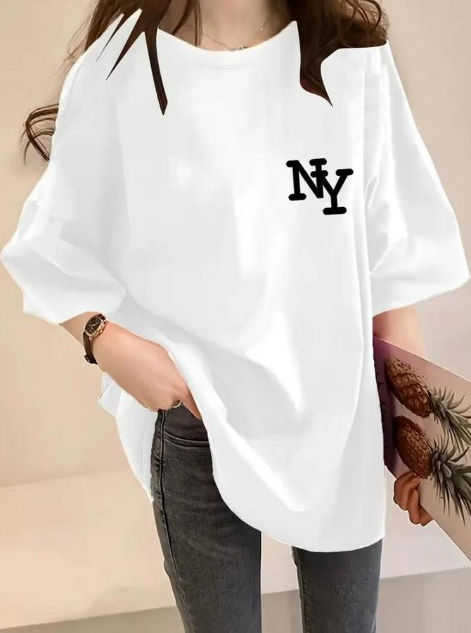 Baskılı Oversize Bisiklet Yaka T-Shirt