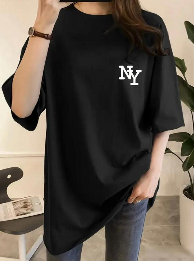 Baskılı Oversize Bisiklet Yaka T-Shirt