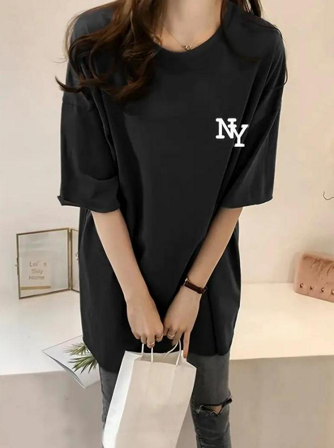 Baskılı Oversize Bisiklet Yaka T-Shirt