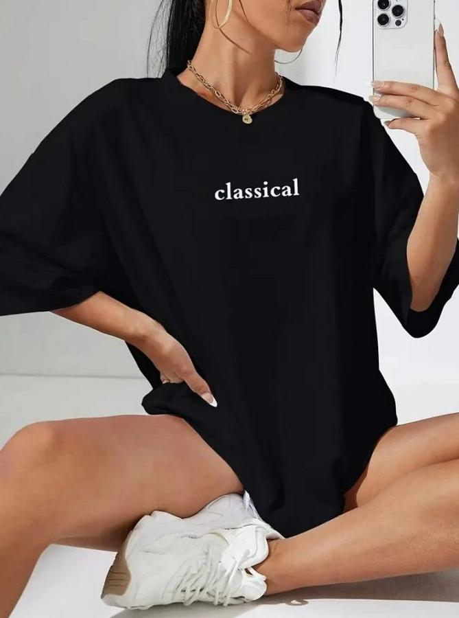 Baskılı Oversize Bisiklet Yaka T-Shirt