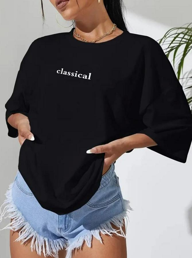 Baskılı Oversize Bisiklet Yaka T-Shirt