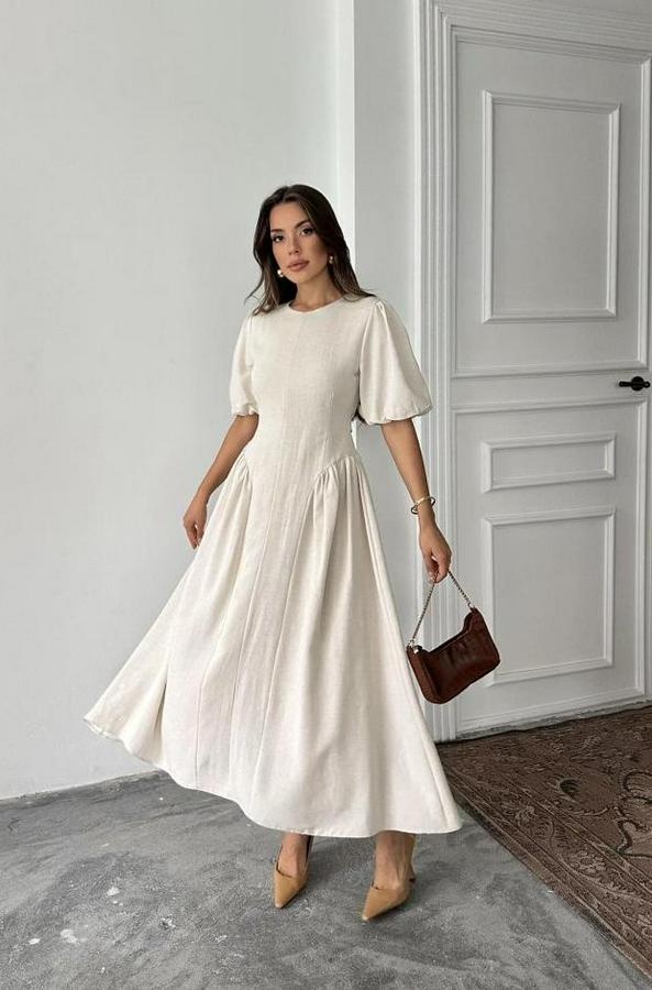 Bej Arkadan Bağlamalı Büzgülü Keten Elbise