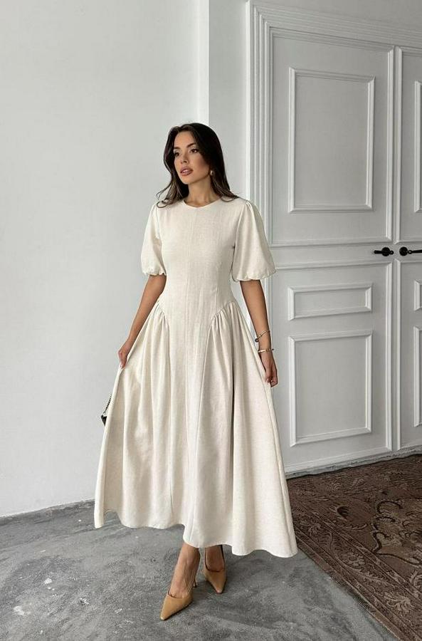 Bej Arkadan Bağlamalı Büzgülü Keten Elbise
