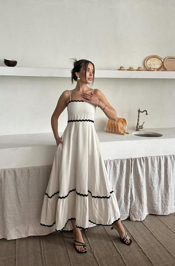 Bej Şerit Detay Keten Elbise