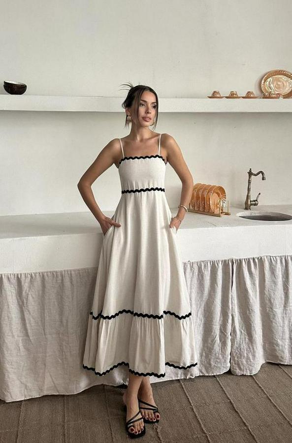 Bej Şerit Detay Keten Elbise