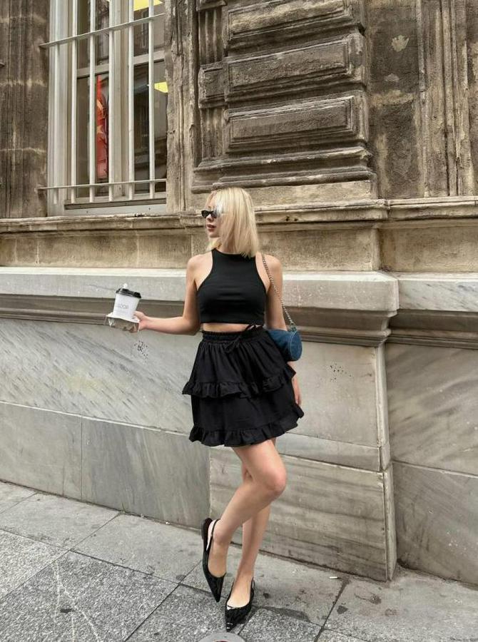 Bel Lastikli Kat Firfir Detayli Kisa Etek