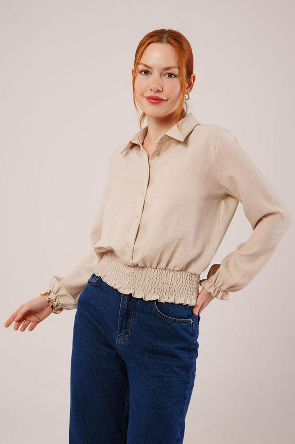 Bel Ve Bilek Lastikli Bej Bluz