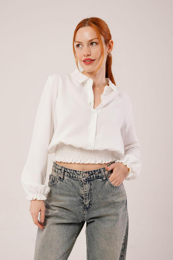 Bel Ve Bilek Lastikli Beyaz Bluz