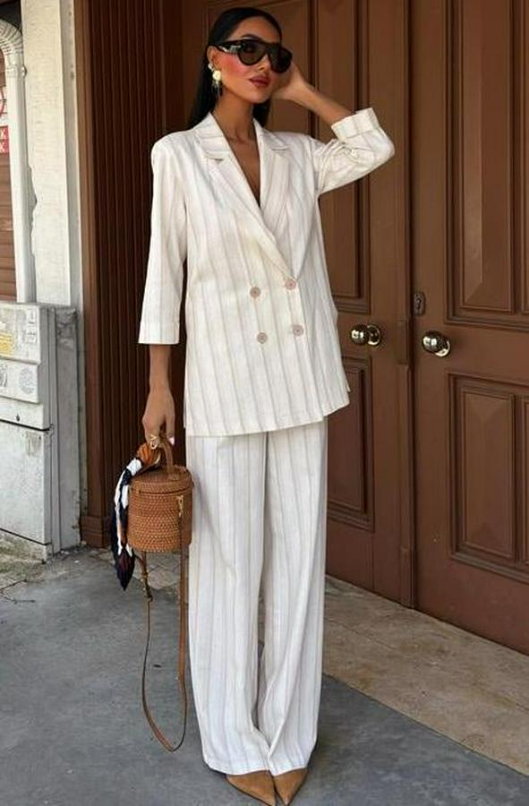 Blazer Ceketli Çizgili Keten Takım 10186