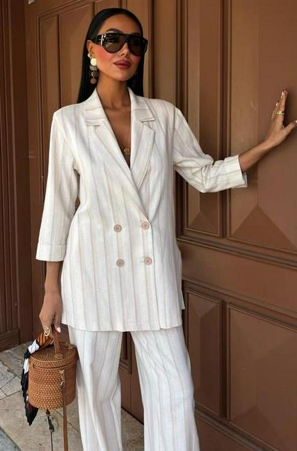 Blazer Ceketli Çizgili Keten Takım 10186