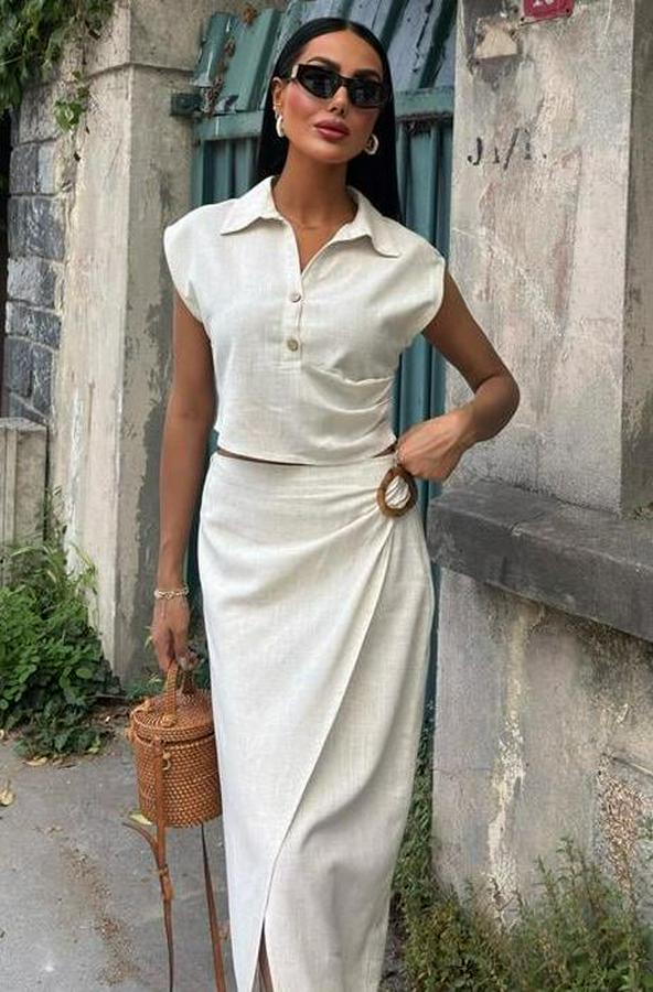 Bluzu Büzgülü Ve Eteği Tokalı Keten Takım 10204