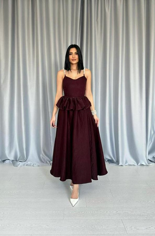Bordo Beli Büzgülü Inci Askılı Uzun Elbise