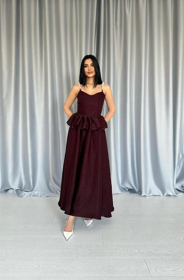 Bordo Beli Büzgülü Inci Askılı Uzun Elbise
