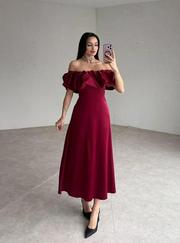 Bordo Omuz Büzgülü Saten Elbise