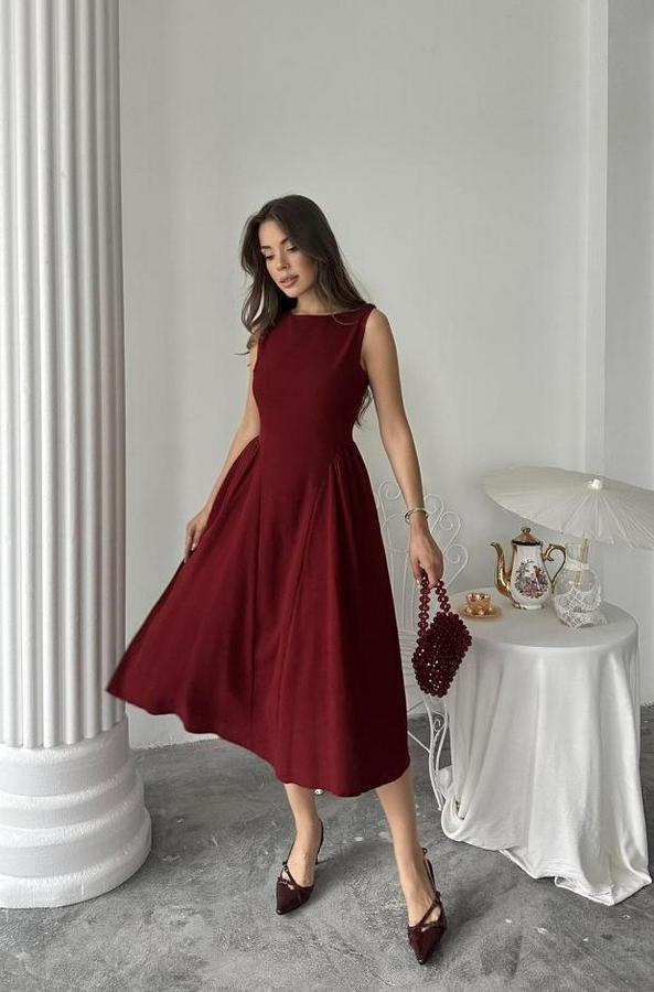 Bordo Yanları Büzgülü Midi Boy Keten Elbise