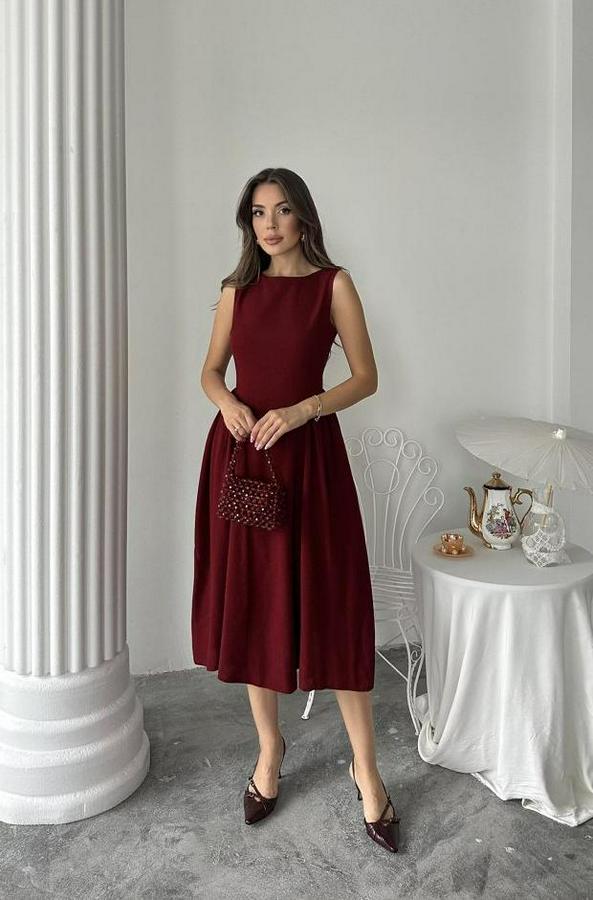 Bordo Yanları Büzgülü Midi Boy Keten Elbise