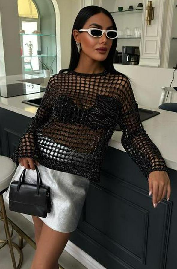 Cep Detay Simli Ajurlu Triko Bluz 1361