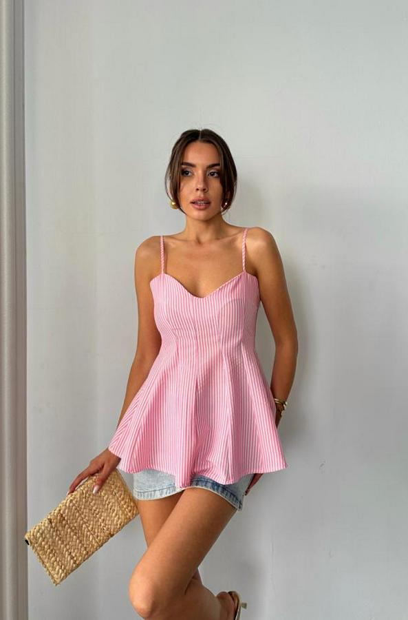 Çizgili Gofre Askili Pens Detayli Bluz