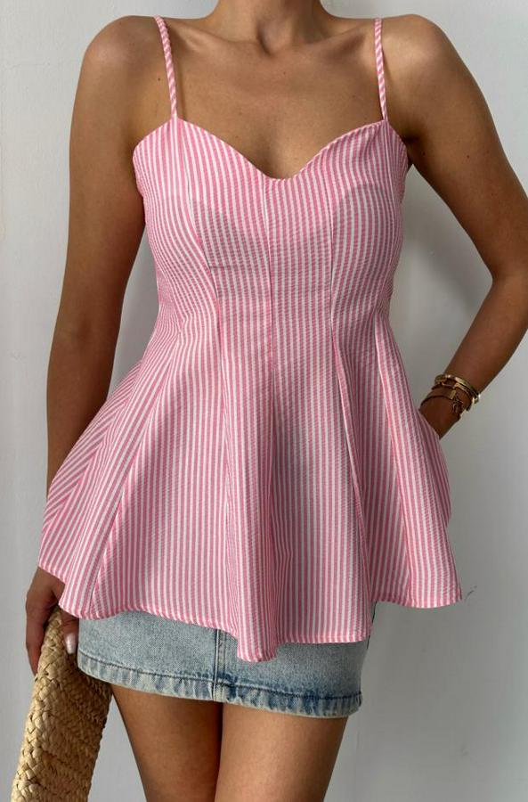 Çizgili Gofre Askili Pens Detayli Bluz