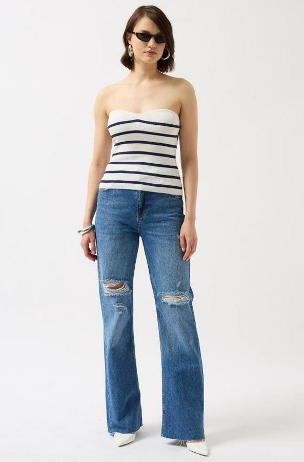 Çizgili Straplez Dokulu Bluz