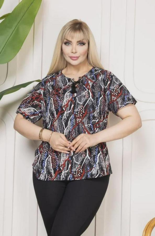 Desenli Püsküllü Viskon Bluz Bebe Yaka Kısa Kollu Big Size Rahat Kesim