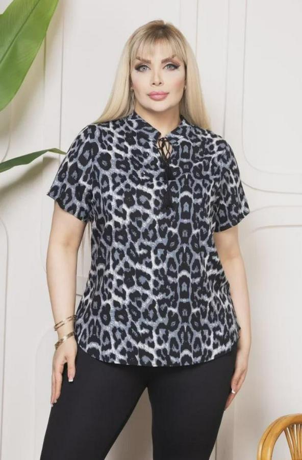 Desenli Püsküllü Viskon Bluz Bebe Yaka Kısa Kollu Big Size Rahat Kesim