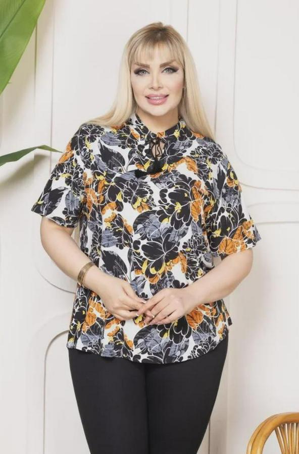 Desenli Püsküllü Viskon Bluz Bebe Yaka Kısa Kollu Big Size Rahat Kesim